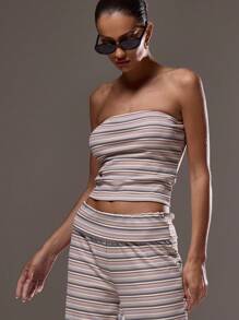 MUSERA Striped Bandeau Top And Low Rise Foldover Waist Wide Leg Trousers Co Ord Summer Cute Vacation Easter Back To School Winter Everyday - Apricot - View 5