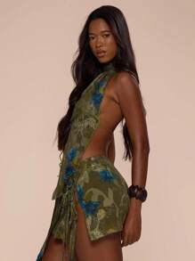 MUSERA Hochgeschlossenes asymmetrisches Bindeband-Vorderteil Blumen-Mesh Rückenausschnitt Top, süß für Urlaub, sexy für Festivals, elegant für Feiertage, Boho-Festival, süße Tops, Cowgirl, Ibiza, Weihnachten, elegant