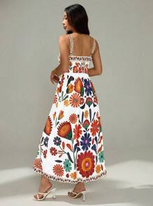 SHEIN PETITE Váy suông họa tiết hoa chữ A không tay cạp chun cho nữ đi nghỉ thường ngày, Xuân/Hè - trắng - Xem 2