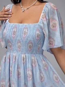 Flirla Plus Size Women's Romantic Palace Printed Gathered Waist Puff Sleeve Short Sleeve Dress - Blue - View 6