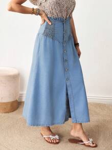 EMERY ROSE Women's Casual Paper Bag Waist Single Breasted Open Front Denim A-Line Skirt - Blue - View 7