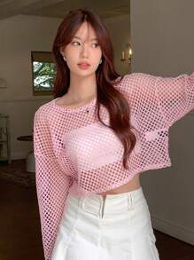 DAZY 纯色落肩短款上衣（不含抹胸）外出上衣节日透明长袖女式上衣，秋季女装 - 粉色 - 查看 4