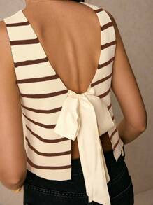 Poéselle Women Striped Back Knot Crew Neck Sleeveless Knitted Top Going Out Tops Women, Backless Shirts,Open Back Top - Coffee Brown - View 4