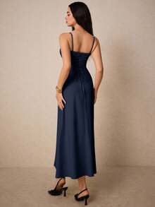 Poéselle Váy suông buộc nơ phía trước thanh lịch màu trơn cho nữ, mùa hè - Màu xanh hải quân - Xem 2