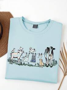 女式加大码T恤，仿刺绣农家动物印花 - 猪、牛、狗