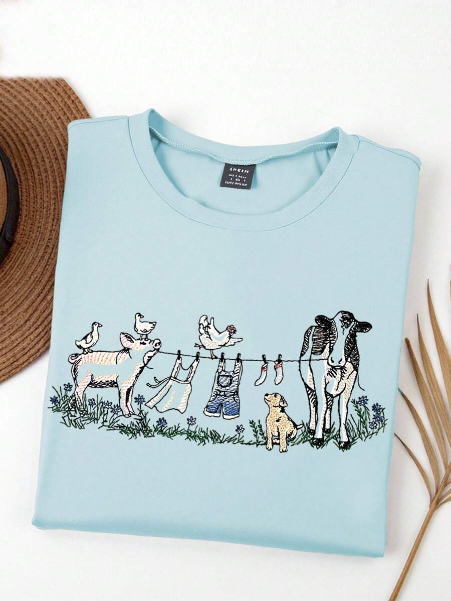 女式加大码T恤，仿刺绣农家动物印花 - 猪、牛、狗