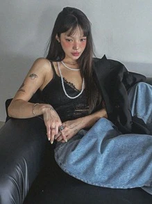 DAZY 女士黑色蕾丝性感狂野吊带短款上衣，黑色春夏舞会礼服透视装 - 黑色 - 查看 6