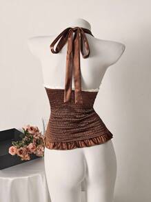 SHEIN Unity Women's V-Neck Sleeveless Backless Solid Color Summer/Autumn Halter Tank Top - Coffee Brown - View 2