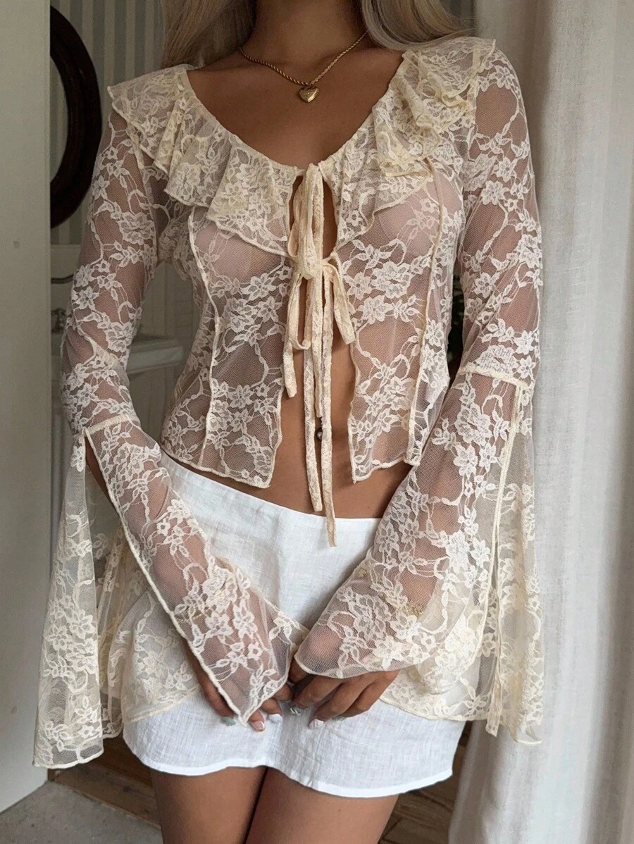 SHEIN EZwear 女式花卉蕾丝拼布荷叶边系带长袖性感衬衫 - 米色 - 查看 1
