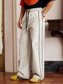 SWAVVY Men's Casual Versatile Drawstring Waist Striped Pants - Beige - View 4