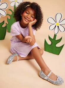 Mini mi #公主认可的女孩水钻闪光银色圆头蝴蝶细节玛丽珍平底鞋 - 适合公主舞会和派对的靠垫式正装鞋 - 銀色 - 查看 3