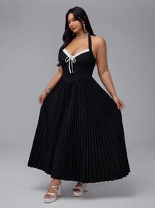Flirla Plus Size Tie Bow Contrast Color Block Ruched A-Line Elegant Vacation Party Club Little Black Dress - Black - View 5