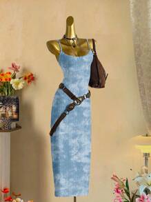 SHEIN EZwear 休闲简约街头风格浅蓝色扎染抽象印花紧身吊带长裙，适合夏季穿着 - 彩色 - 查看 6