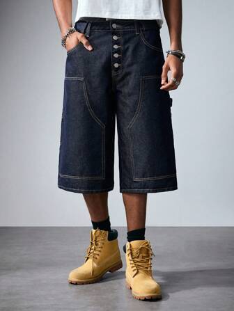 Street Life Herren Knopfleiste mit Taschen Weites Bein Lässige 7/8 Länge Jeans