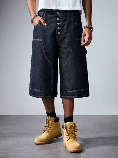 Street Life Jeans di lunghezza 7/8 in denim con tasche e gamba ampia, casual e comodi, con bottoni frontali, per uomo