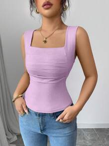 Selianne Women's Elegant Casual Summer Solid Color Square Neck Fitted Camisole - Purple - View 6