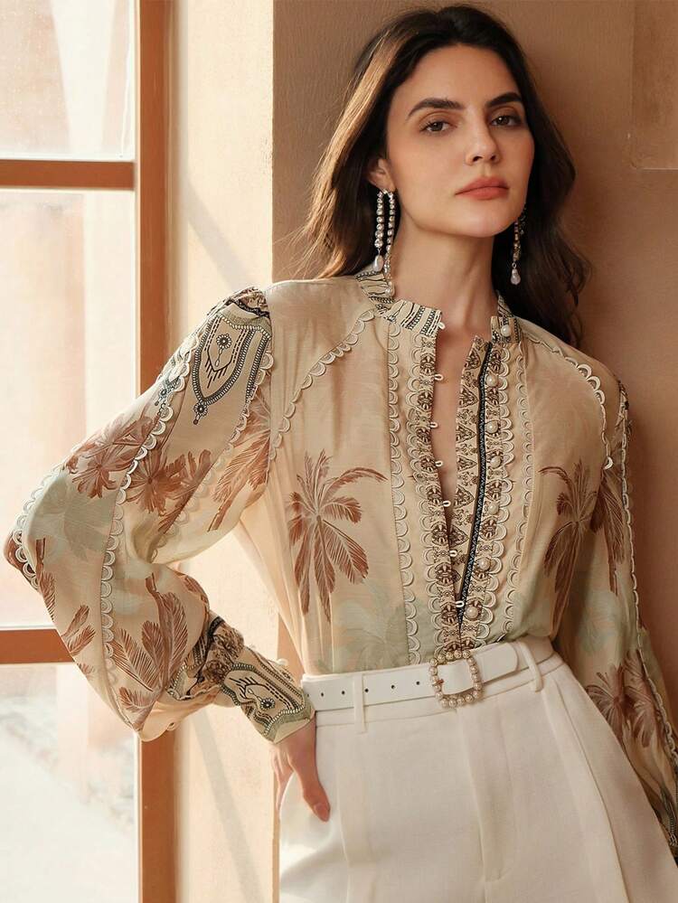 Blusa de Manga Longa Elegante para Mulheres com Gola Mandarim Pequena, Renda Floral Patch, Estampa de Coco, Botão de Pérola Única