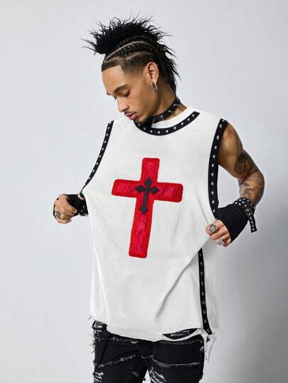 Herren Gothic Kreuz bedrucktes ärmelloses Rundhals Tank Top, Halloween