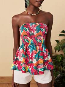 Travachic 女士度假荷叶边下摆热带印花抹胸短款上衣 - 彩色 - 查看 4