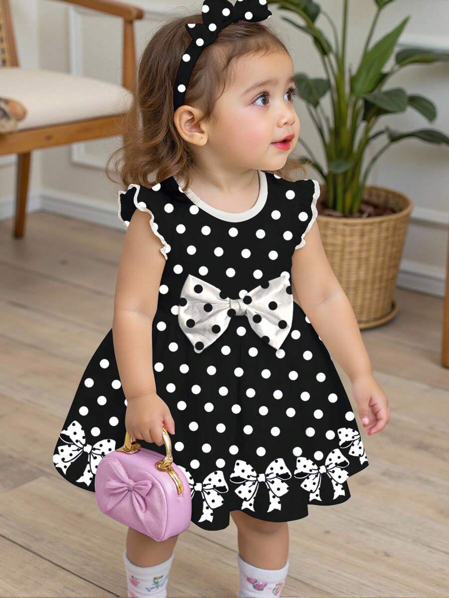 SHEIN 女婴可爱蝴蝶结卡通印花长袖连衣裙，适合秋冬季