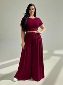 Auralis Plus-Size Summer Women's Casual Top & Wide-Leg Pants Summer Sets Spring - Burgundy - View 3
