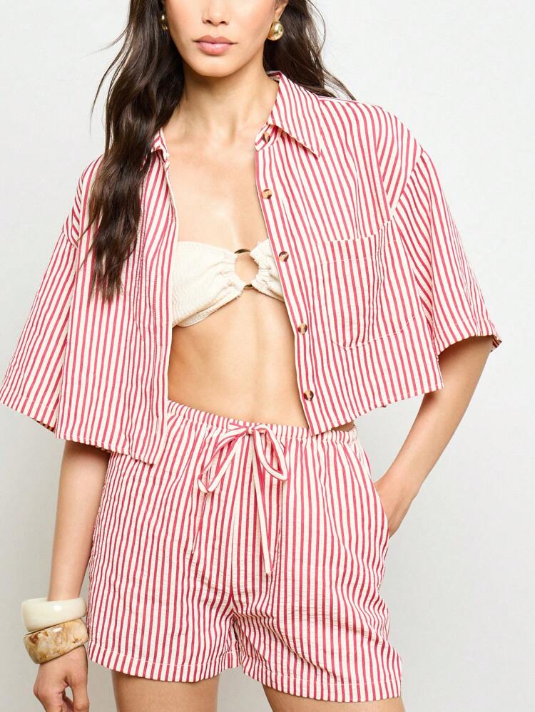 Linen Feel Striped High Waisted Drawstring Coordinates Set