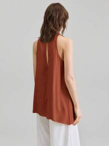 Ontre 2025 新款音乐节/演唱会休闲无袖橙色亚麻圆领背心，适合女士，度假风格日常穿着，商务休闲宽松一字肩衬衫