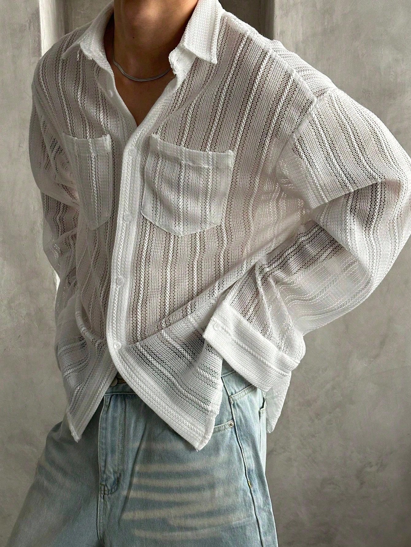 Dazy Textured Fabric White Men’S Shirt, Spring Summer Long Sleeve Men Shirt,