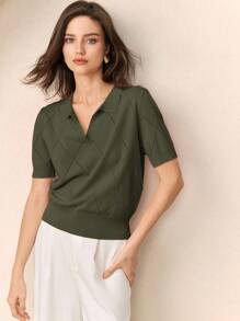 BizChic 女士绿色 Polo 领菱形针织短袖套头毛衣，简约都市通勤必备，优雅时尚，商务休闲风，适合办公室、教师及夏季穿着。