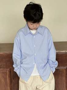 Dazy Kids 青少年男童长袖条纹纽扣翻领衬衫，秋季童装，返校服 - 藍色 - 查看 3