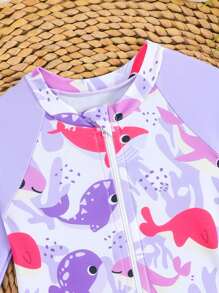 Baby Girls' Cute Cartoon Fish Print Long Sleeve Rash Guard One-Piece Swimsuit, Ideal For Resort & Beach Wear