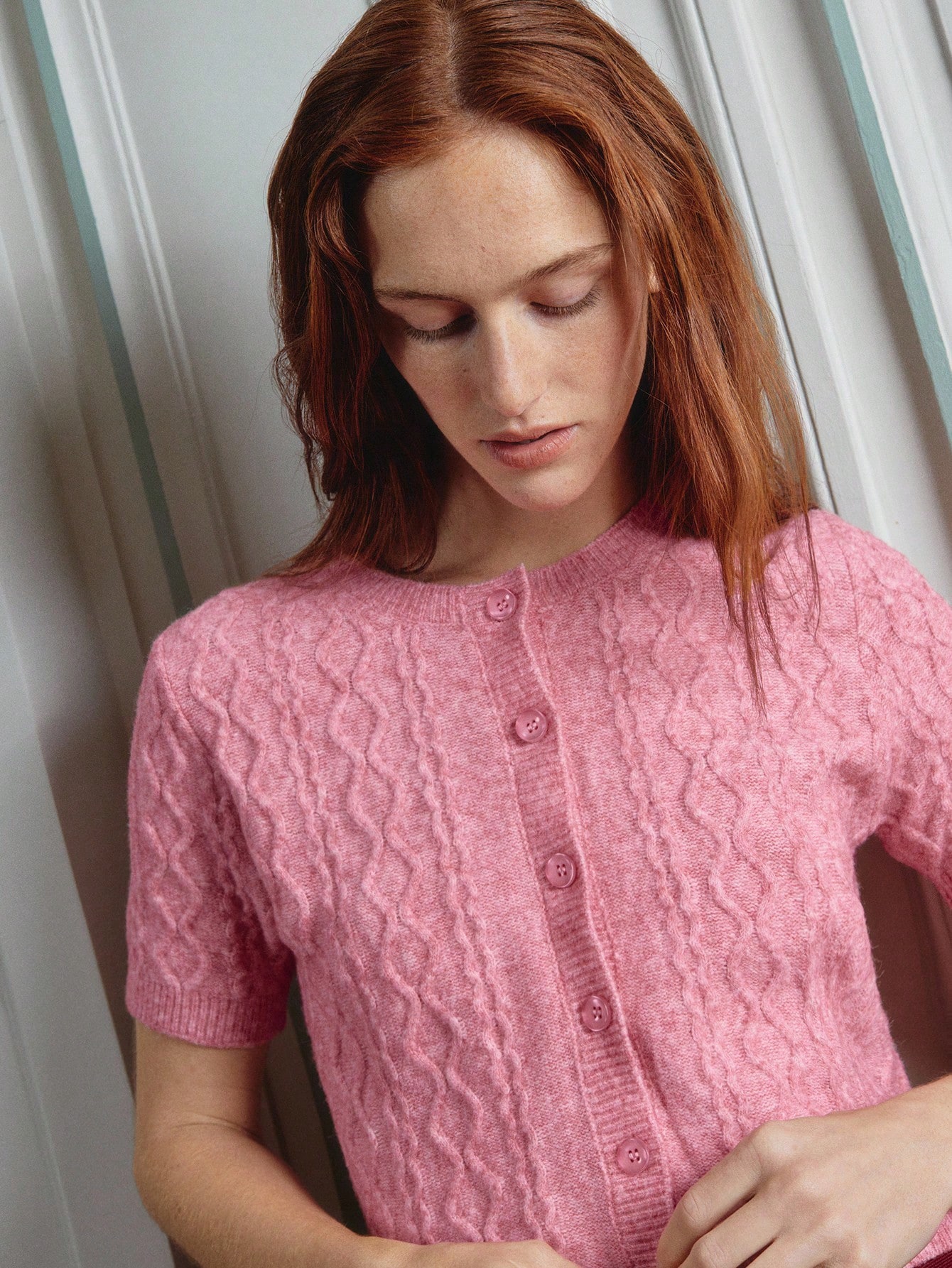 Cute Soft Touch Pink Cable Knit Fitted Crop Top With Pink Buttons Cute Spring Top Women Office Outfits Chic Outfits Spring Summer Pink Top