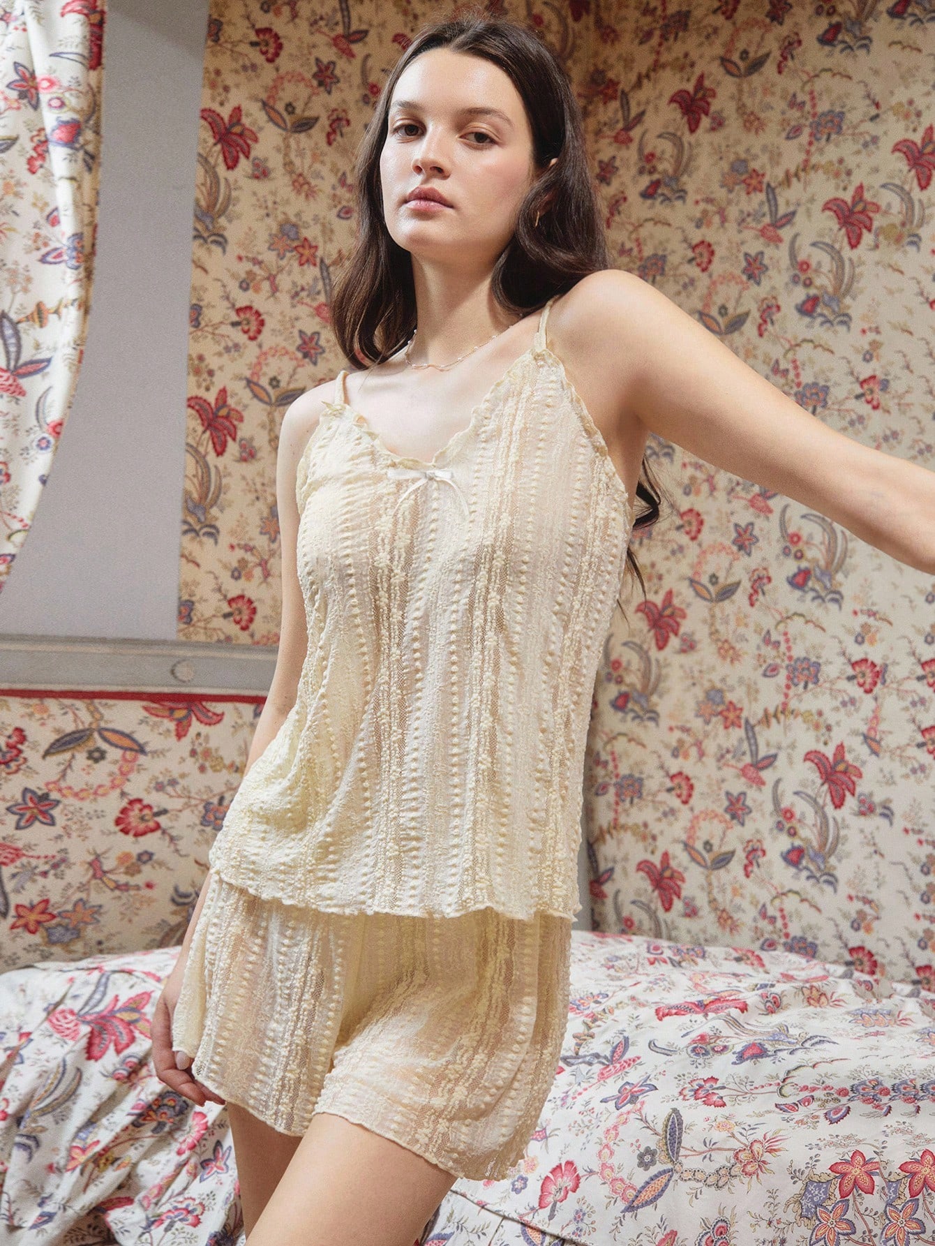 Butter Yellow Loose Fit Texured Lace Cami And High Waisted Short Pyjama Set Spring Summer