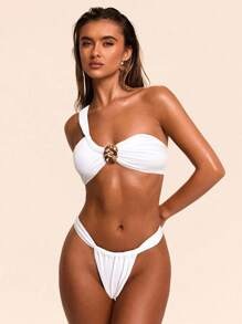 SHEIN BAE Bộ 2 món đồ bơi nữ màu trắng trơn gợi cảm thanh lịch, trang trí kim loại, cổ yếm cho kỳ nghỉ hè - trắng - Xem 5