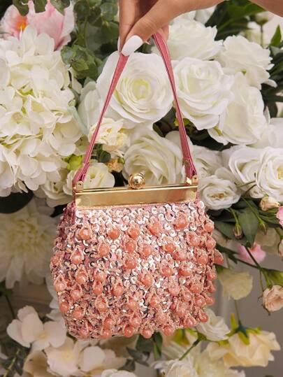 SHEIN Belle 女士、女士晚宴包、顶部提手包、粉色、时尚、奢华、奢华、迷人、优雅、亮片、珠子、适合女孩、女士、女士、大学生、适合新娘、伴娘、婚礼宾客、蜜月、适合派对、舞会、婚礼、俱乐部、约会、晚会、约会之夜