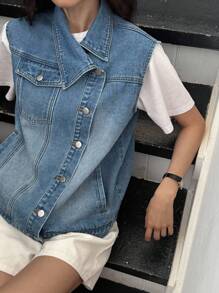 DAZY Ärmellose, Washed und abgenutzt wirkende Denim Jacke und -mantel für Damen im Sommer - Blau - Übersicht 1