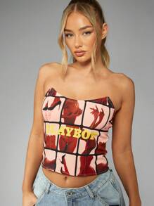 Missguided x Playboy Fitted Corset Bustier Crop Top Party Club Wear Strapless Print Design Modern Fashion Statement Piece Minimalist Aesthetic Wardrobe Essential - Multicolor - View 6