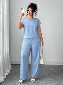 Elenzga 2 件套女士套装：法式圆领短袖休闲上衣和高腰阔腿裤