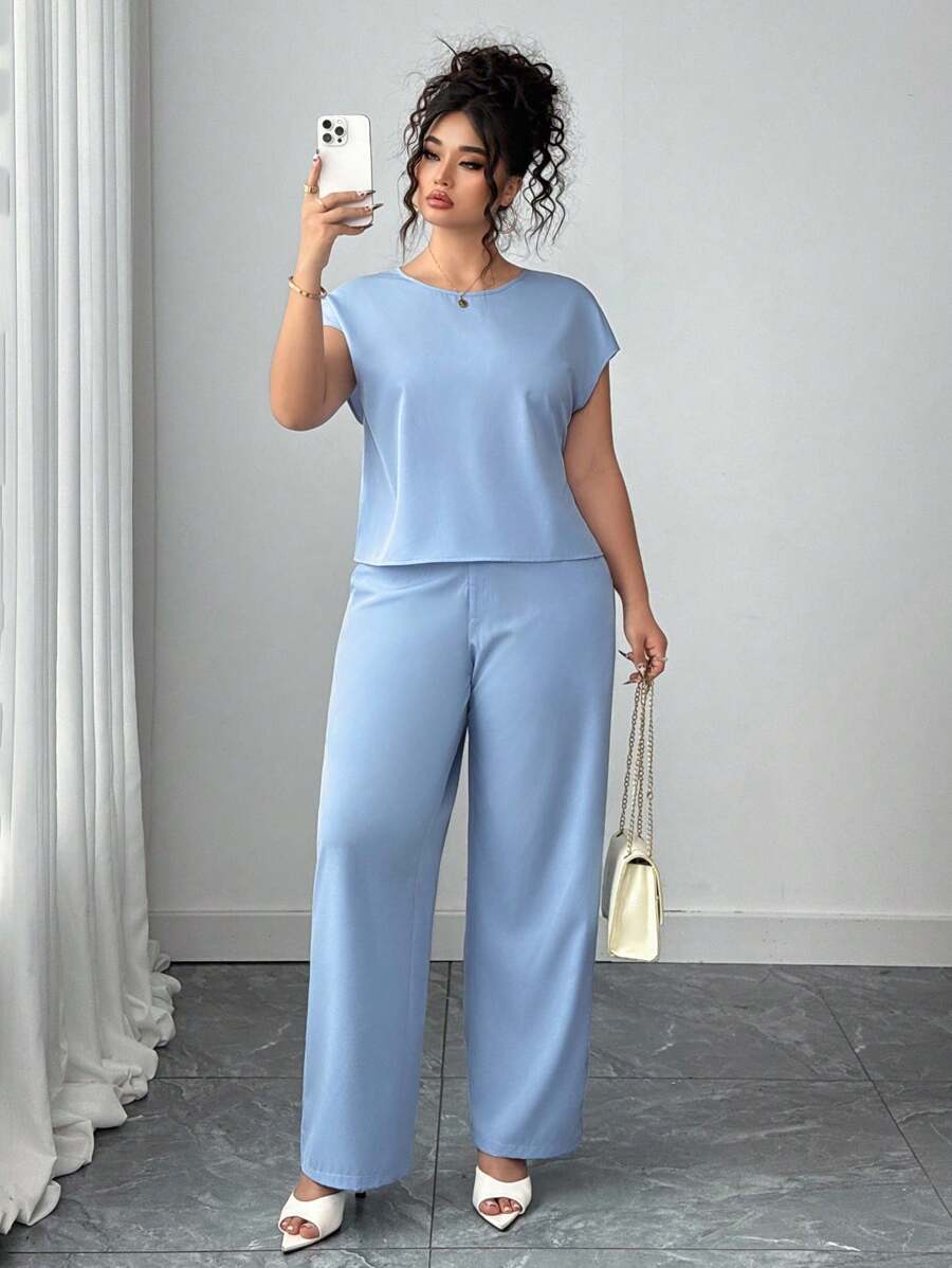 Elenzga 2 件套女士套装：法式圆领短袖休闲上衣和高腰阔腿裤