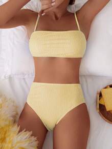 Swim Vcay Women Vacation Casual Sexy Random Stripe Print Bandeau Top And High Waist Bikini Bottoms Set, Spring/Summer