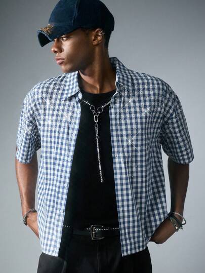 Street Life قميص قصير الأكمام بتصميم مربعات لامع ومرصع بالألماس موديل للرجال