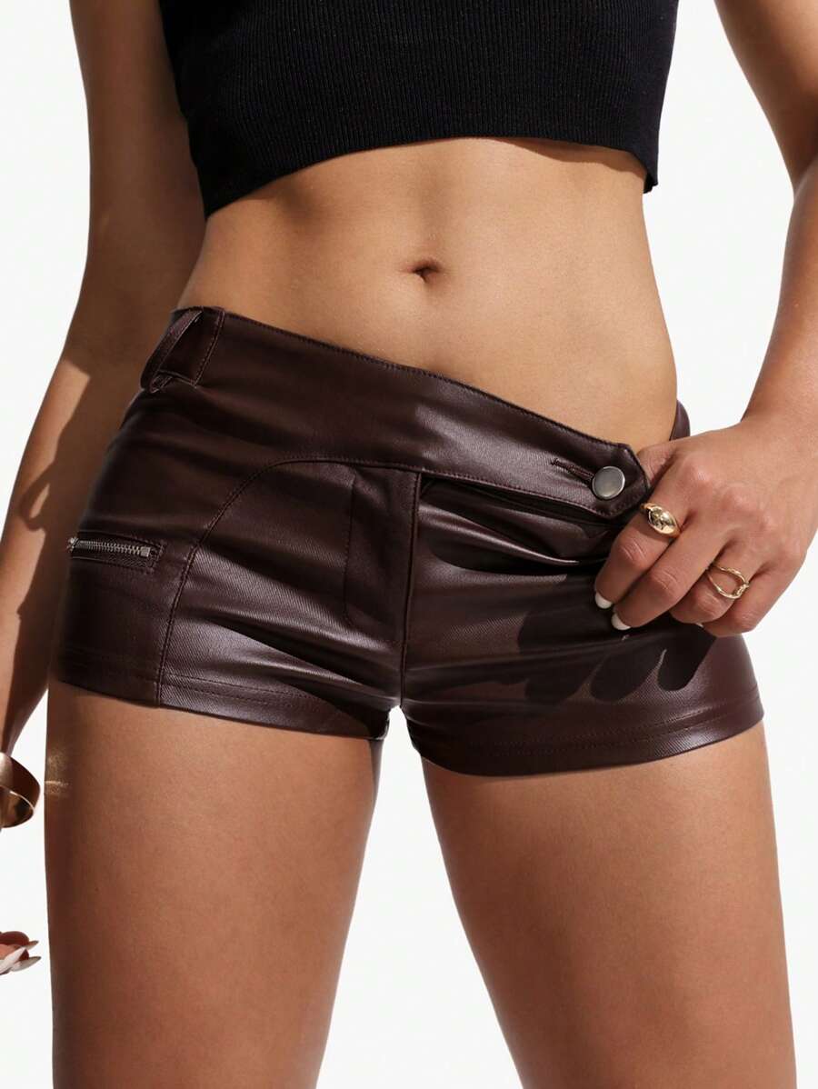Jeanoix Women's Solid Color PU Leather Zipper Designed Skinny Fashionable Shorts
