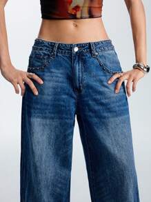 LYSMO Women's Casual Everyday Washed Slant Pocket Pearl Decor Wide Leg Jeans - Blue - View 6