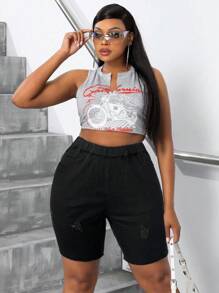 SHEIN SXY Plus Size Women Elastic Waist Denim Biker Shorts For Autumn