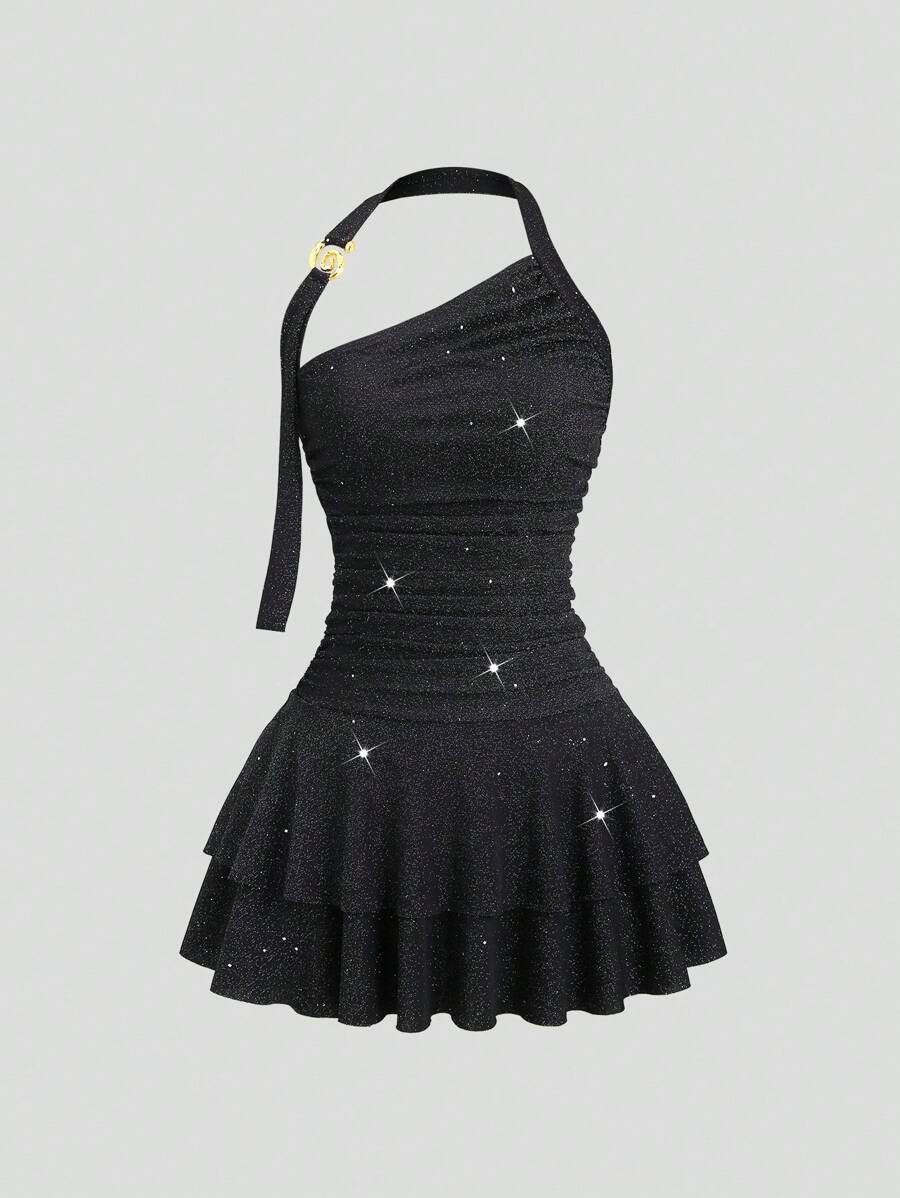 Sweetra New Sparkly Spaghetti Strap Black Mini Dress, Elegant Commuter Cake Hem Design For Women, Summer - Black - View 1