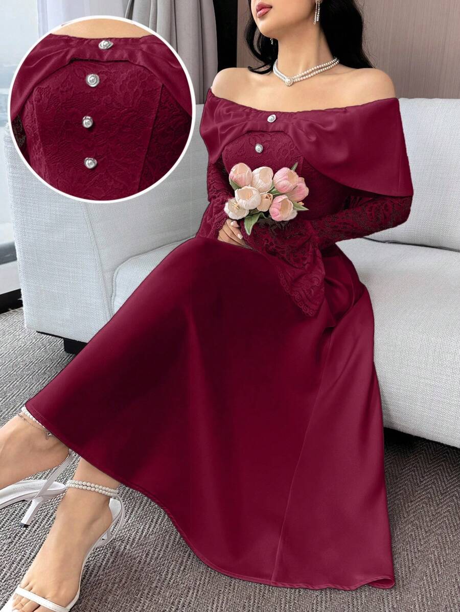 Modelyn Women Off Shoulder Contrast Lace Flare Sleeve Elegant Mid-Length Dress - Red - View 1