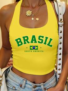 SHEIN EZwear Women's Casual Halter Neck Fitted Tank Top, Brazilian Flag Yellow Pattern, Suitable For Summer, Beach, Music Festivals, Tropical, Vacation Vibe, Summer Miami Girl Brazil Crop Top Yellow Crop Top Crop Top Halter Top Brasil Top Brazil Bikini Bikini Shirt Beach Wear Brasil Bikini Brazil Tankini Back To School