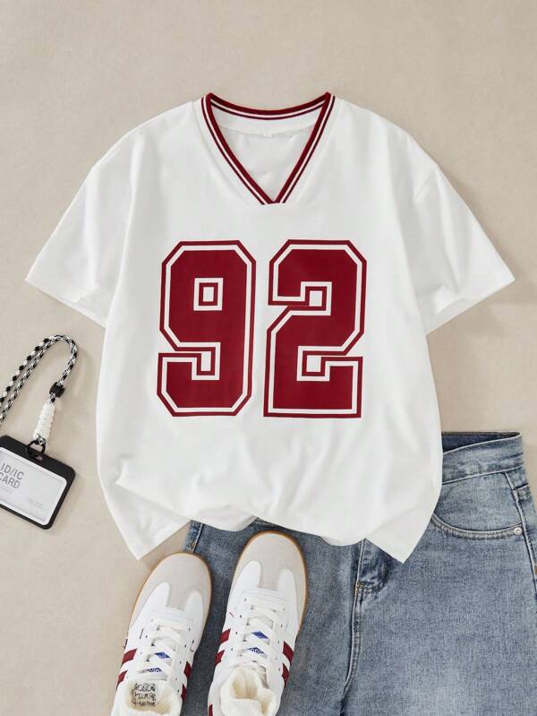 Girls' Casual V-Neck Short Sleeve Los Angeles Numeric Print T-Shirt, Versatile Daily Wear Teen Girl Jersey Number Tee Shirt