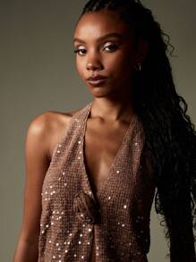 MISSGUIDED Sequin Embellished Halter Crop Top Waffle Knit Festival Party Clubwear Evening Occasion Wear Backless Sleeveless - Apricot - View 4