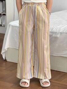 Dazy Kids Tween Girls' Colorblock Striped Print Drawstring Waist Loose Wide Leg Pajama Pants, Spring/Autumn - Multicolor - View 4